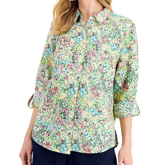 CHARTER CLUB Linen Floral-Print Tab-Sleeve Shirt size L - Picture 1 of 5